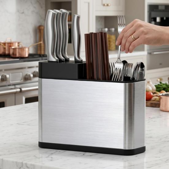 Stainless Steel Cutlery Organizer Multi Compartment Storage Box Dishwasher Safe Silver Kitchen Utensil Holder with Drainage Holes Non-Slip Countertop