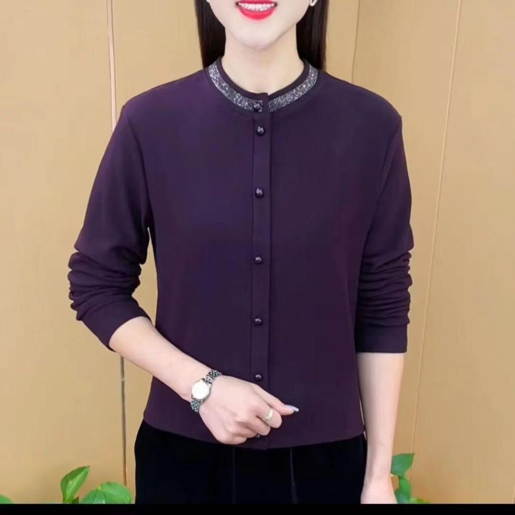 2024 Damen Einfarbiges Langarm-Knopfhemd mit Diamantakzenten und Innenschicht für Herbst/Winter
