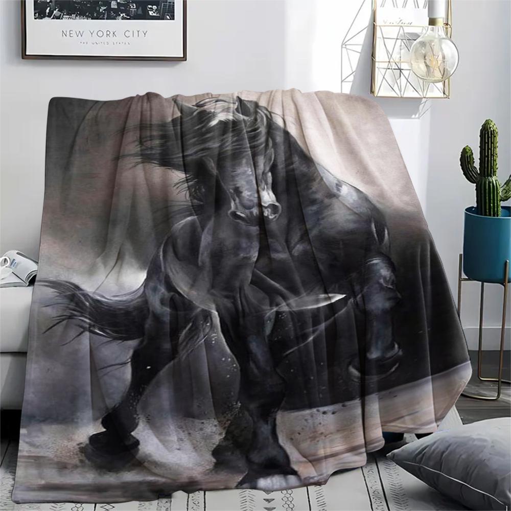 1Pc Black Horse Print Flannel Blanket, High Quality Comfortable for All Seasons, Home Decor, Warmth and Comfort, Perfect for Gifts