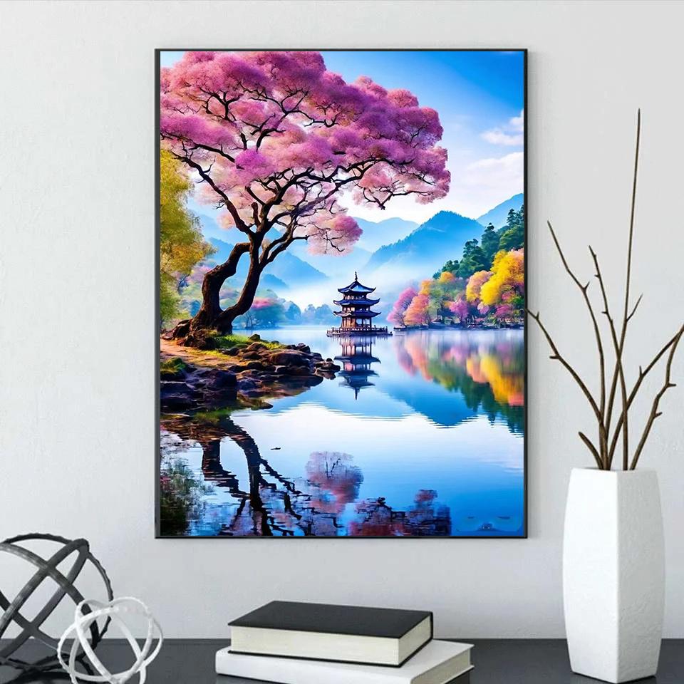 5D DIY Diamond Painting Landscape Mosaic Landscape Mountains and SeasSakura Tree Cross Embroidery Home Wall Art Decoration