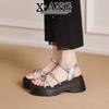 Small thick-soled heightened leather wedge sandals women's summer skirt rhinestone open-toed shoes