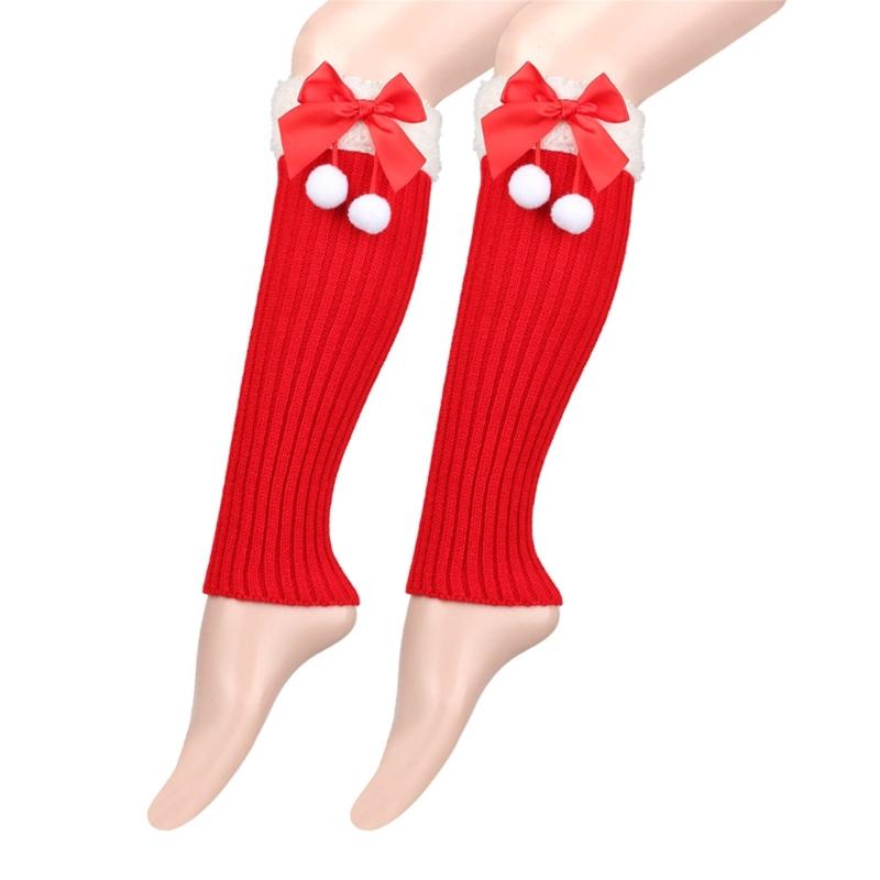 Christmas Fleece Trim Warm Leg Warmers Sweet Plush Balls Bows Knitted Boot Covers Festival Footless Socks for Women
