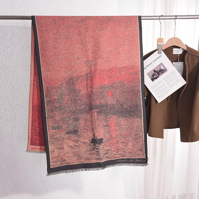 Autumn and winter atmosphere, students wear beautiful outfits, sunset afterglow printing shawl, fashionable and high-end elegant scarf