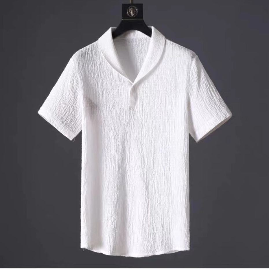 Summer Fashionable Trendy Men's 2-Piece Set Casual Sports Suit Shawl Collar White Short Sleeve T-Shirt