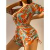 3 Piece Leaf Print Bikini Set Long Sleeve Sun Protection Cover Up Drawstring Waist Slimming Fashion Beach Vacation Bathing Suit