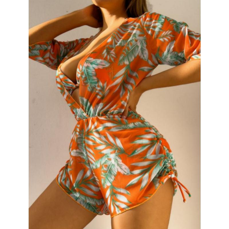 3 Piece Leaf Print Bikini Set Long Sleeve Sun Protection Cover Up Drawstring Waist Slimming Fashion Beach Vacation Bathing Suit