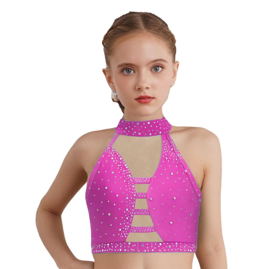 Girls Latin Dance Crop Top Halter Sleeveless Crisscross Back Mesh Patchwork Sparkling Rhinestones Vest