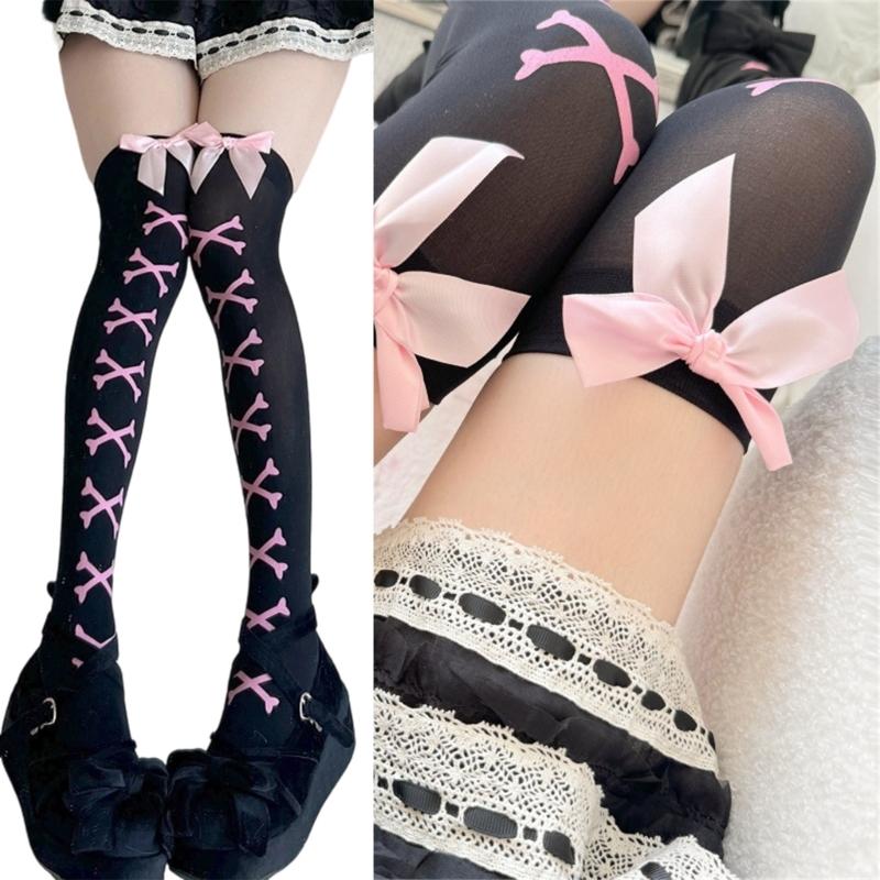 Skeleton Print Stockings with Bows Accent for Women Girl Leggings Tights Socks Cosplay Over Knee Thigh High Long Socks