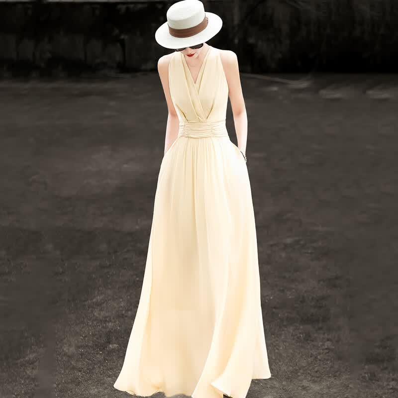 Lanser 2026 Summer French V-Neck Pleated A-Line Long Dress XL бежевый