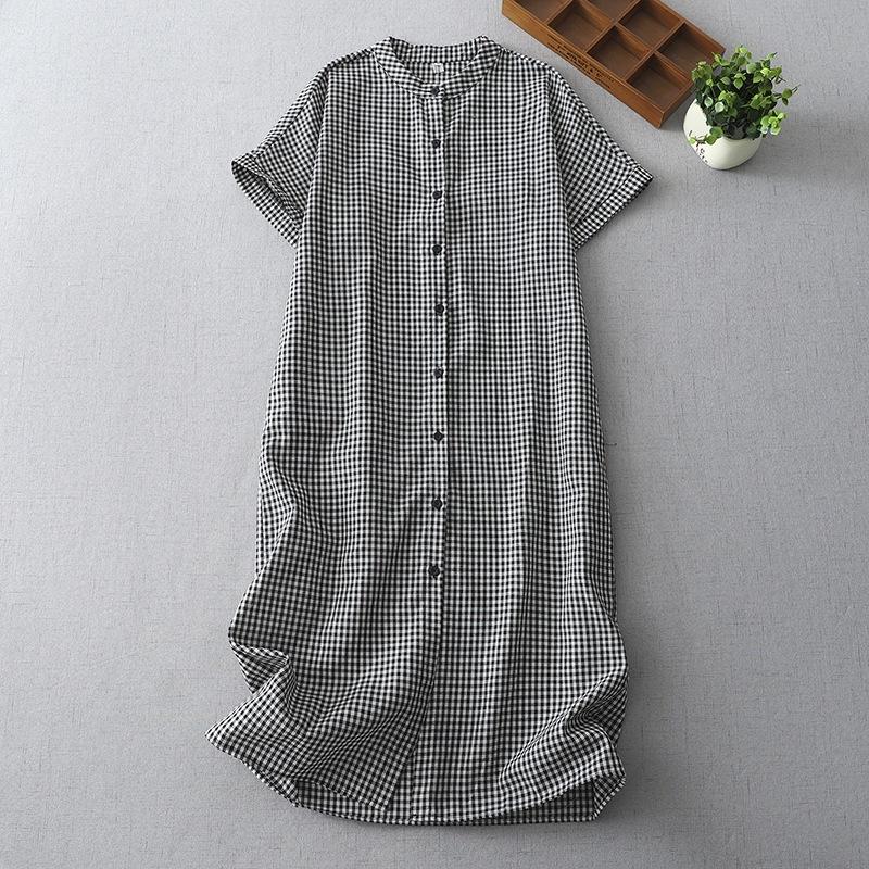 2025 Summer New Retro Shirt Skirt Medium and Long Loose Small Stand-up Collar Temperament Plaid Dress