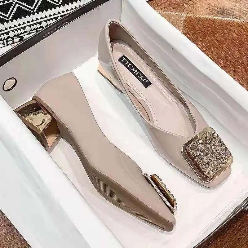 Fashion 2024 Fashion Pumps Shoes Women Medium Heel Trend Spring Summer Patent Leather Red Square Toe Shallow Mouth Women High Heels