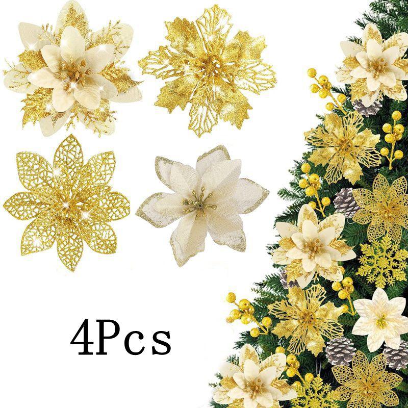 

1 набор 11/13/14см Розовые Искусственные Блестящие Рождественские Цветы Рождественская Елка Венок Подвесные Украшения Домашняя Вечеринка Декор Нового Года Navidad 11-14cm золотой