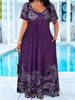 Plus-size women's spring/summer dress, round neck, short sleeves, floral print.