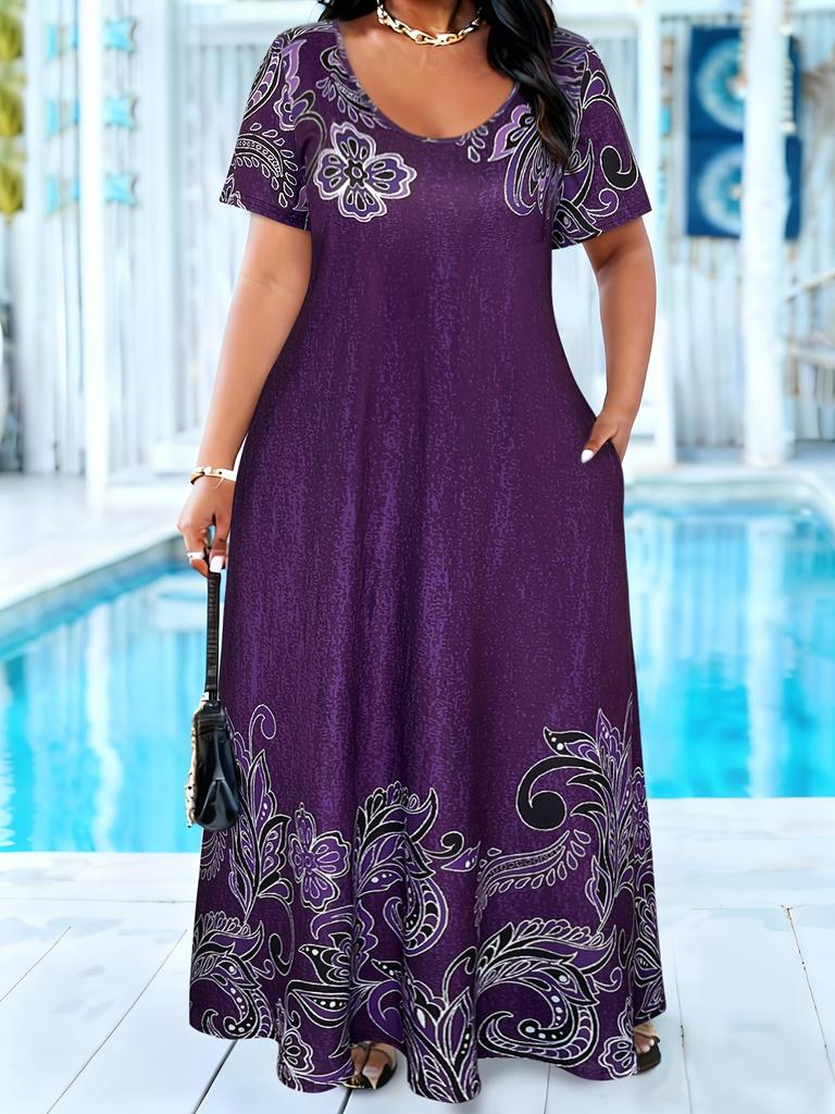 Plus-size women's spring/summer dress, round neck, short sleeves, floral print.