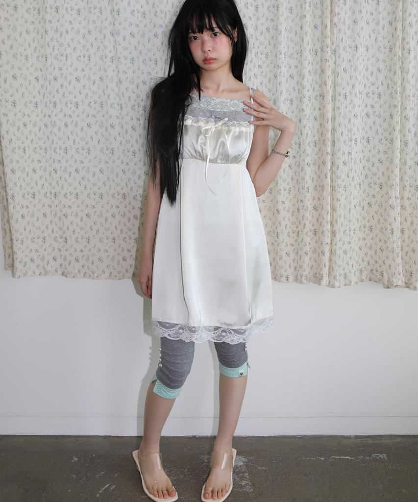 NOFFICIALNOFFICE Satin Ribbon Lace Slip Dress Vanilla