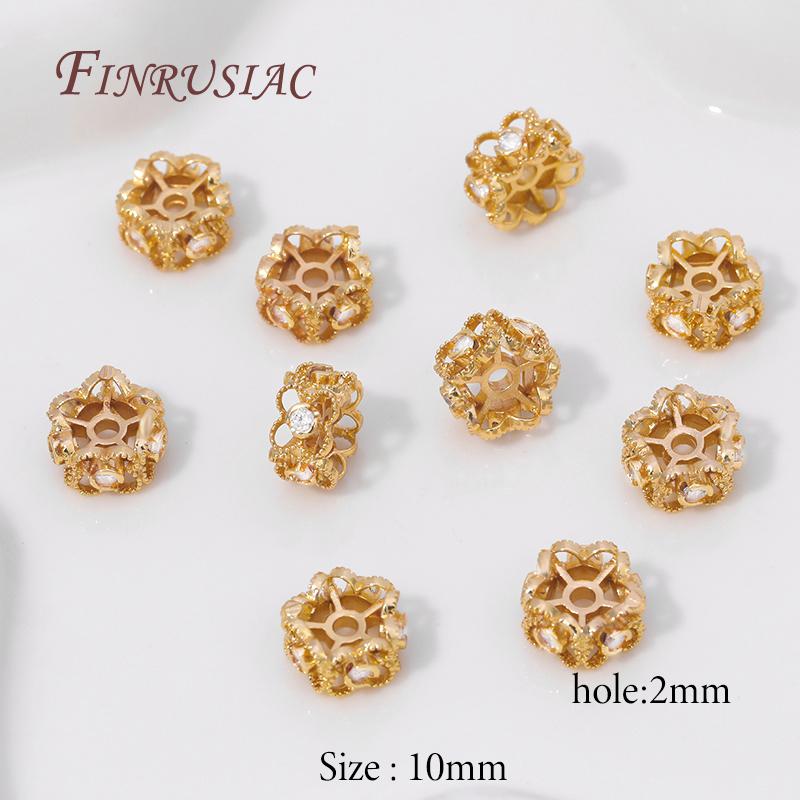 2/4/6pcs 18K Gold Plated Round Flower Beads with Zircon,Metal Separator Beads,Decorative Beads DIY Bracelets Jewelry Accessories