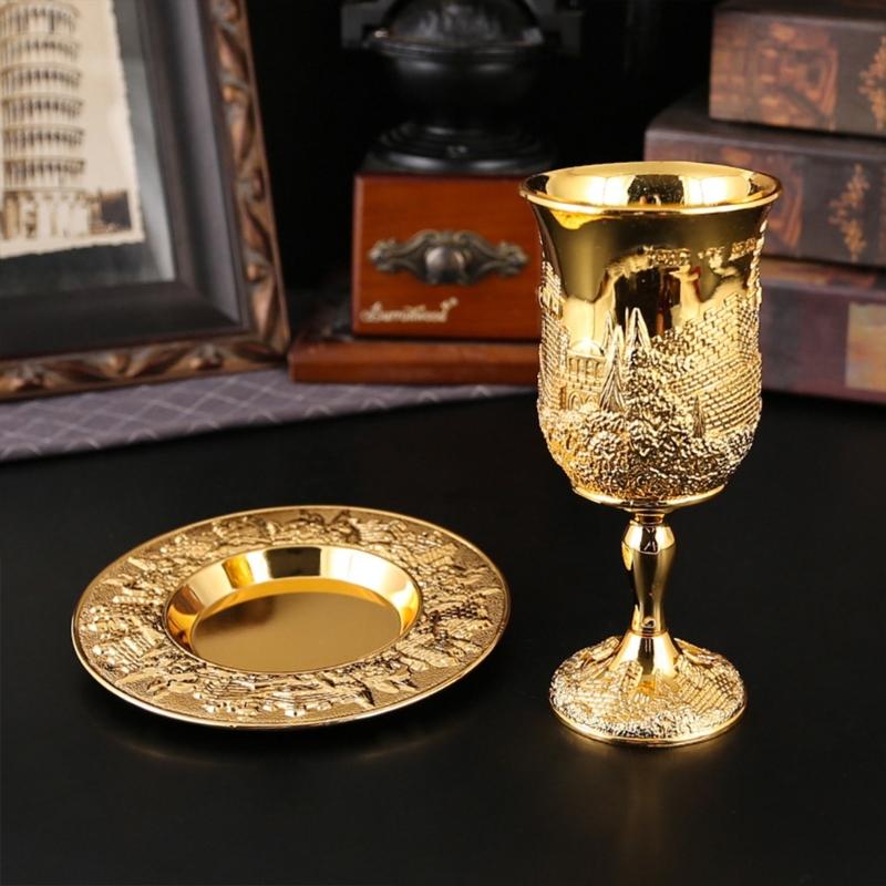 Liquor Serving Cup with Tray, Relief Pattern Metal Goblet for Dining Table Placement, Cabinet Use, and Baijiu Tasting