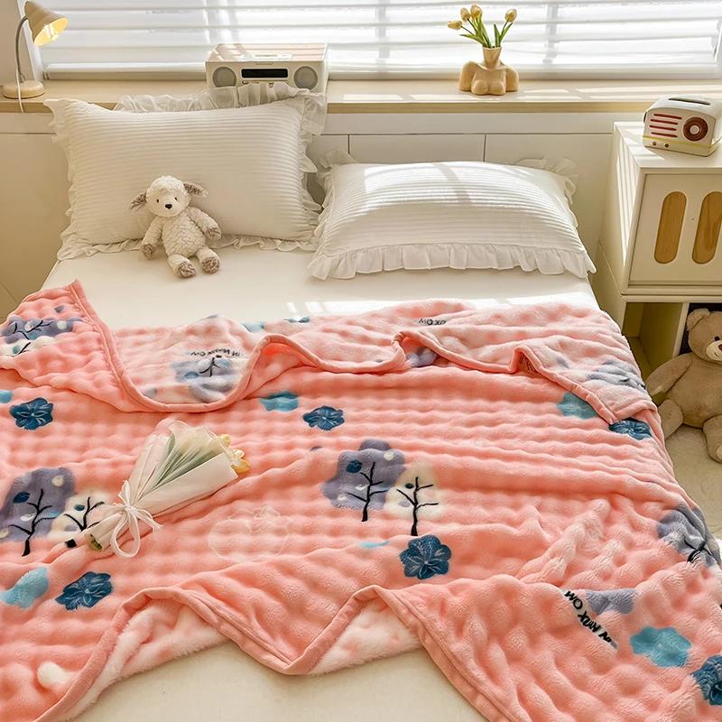 Cartoon Pink Love Print Milk Velvet Throw Blanket Super Soft Warm Plush Blue Blanket Travel Multifunctional Decorative Blankets