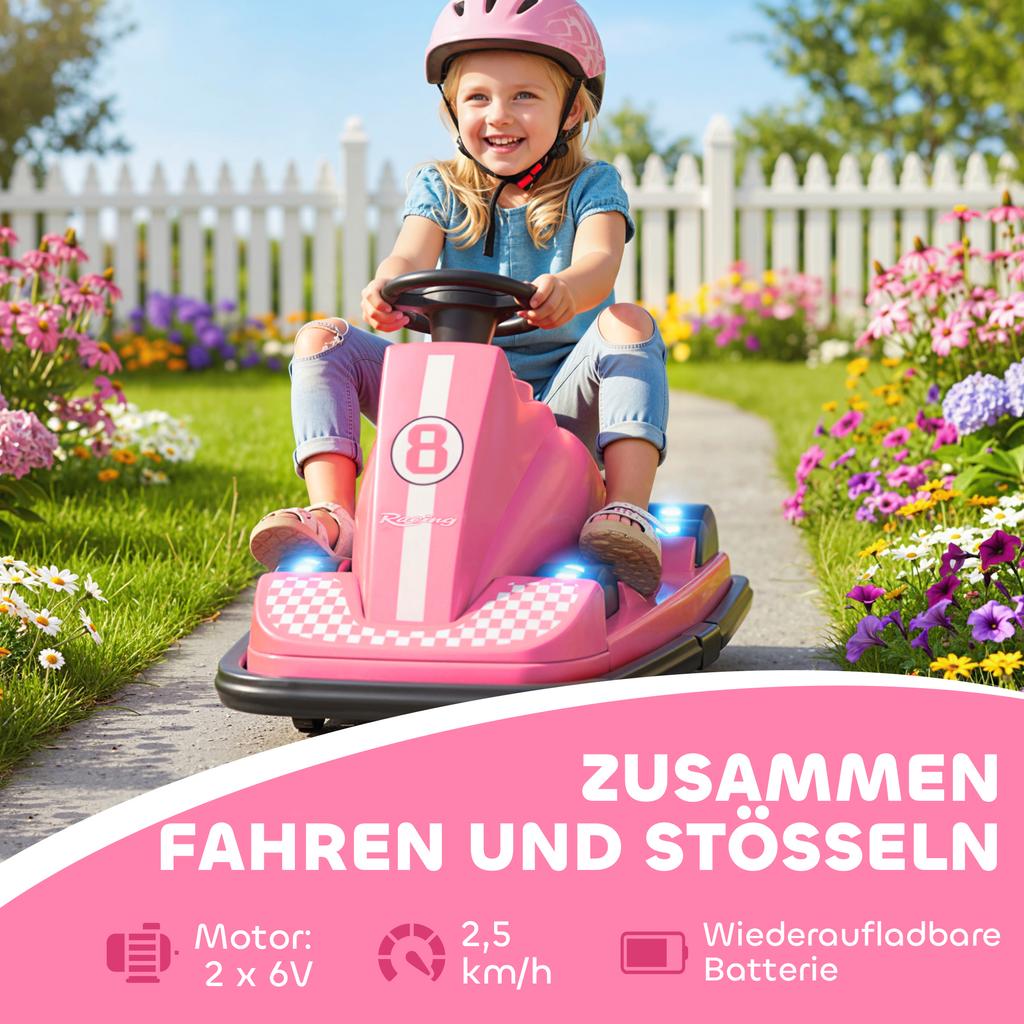 Bumper Car for Kids, 360-Degree Rotatable, Steering Wheel, LED Lights, Music Function, 3-8 Years, Pink