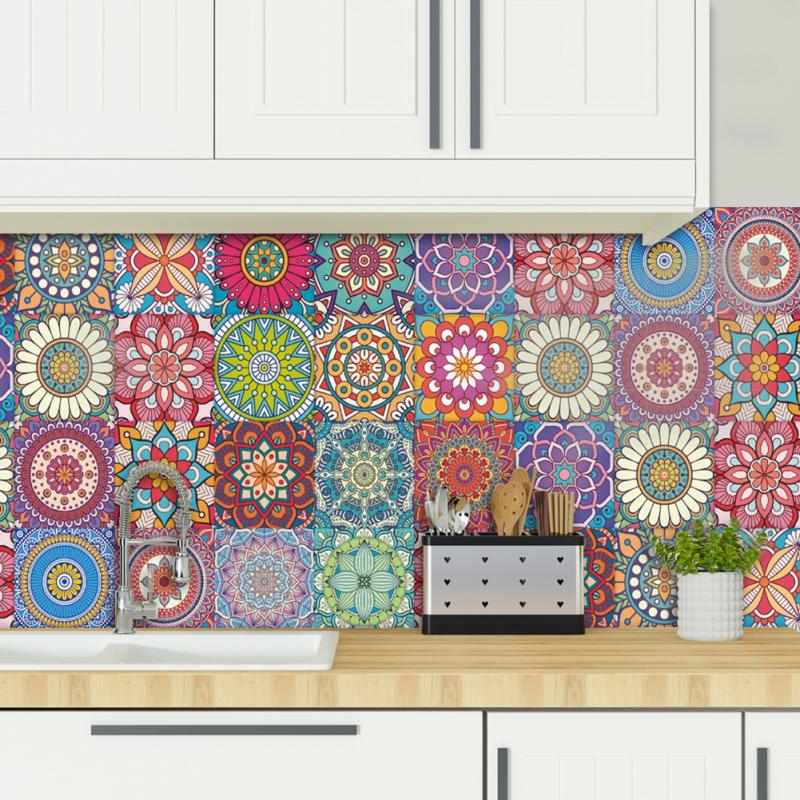 24 de bucăți autocolante de faianță cu mandala, retro, colorate, impermeabile, rezistente la căldură, autoadezive, perete de țiglă