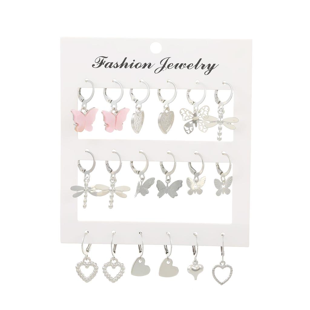 High Quality Hot-selling Simple Hollow Butterfly Ear Buckle 9-piece Set Creative Multi-element Dragonfly Earrings Heart Earrings Wholesale