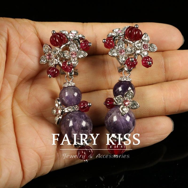 

Earrings Temperament Flower Diamond Purple Stone Light Luxury Ear Shot Fashion Design Earrings