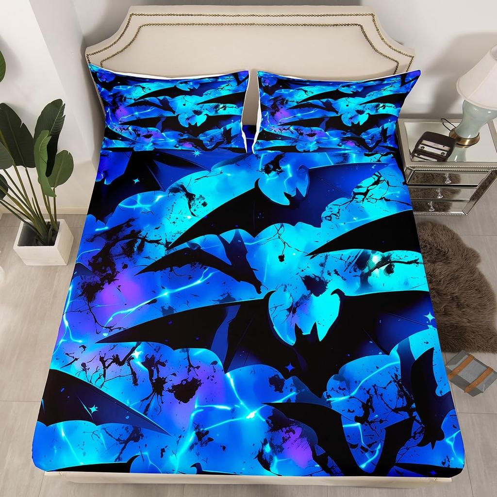 Gothic Spooky Bedding Set Pumpkin Lantern Cute Halloween Bed Sheets for Kids Boys Teens,Ghost Spiderwebs Fitted Sheet Black Cat Cobwebs Bats