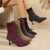 Women European Style Pointed Toe Thin Heel Mid Calf Fly Knit Sock Boots Large Size