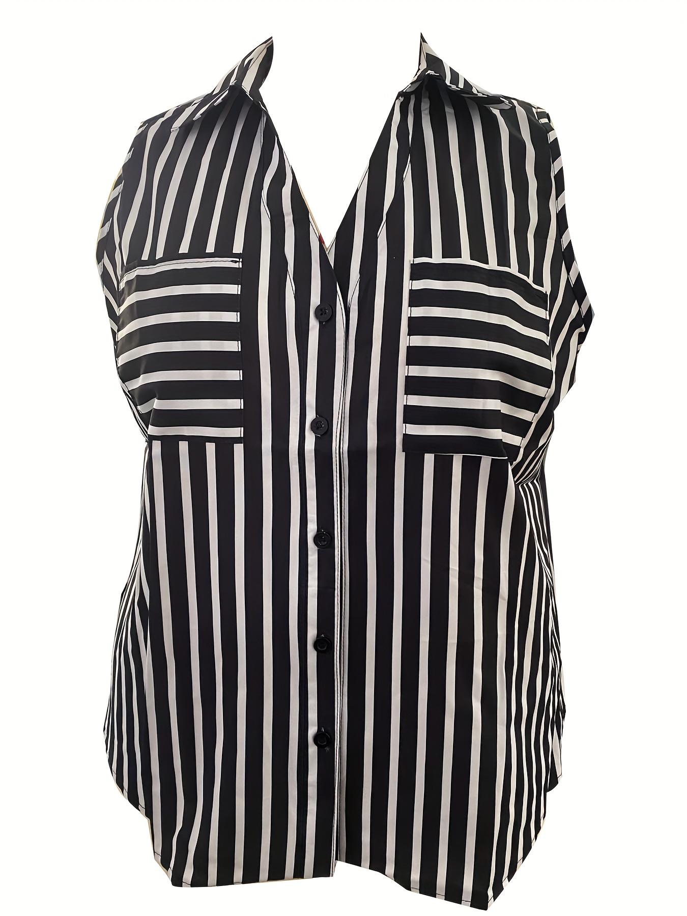 

Plus Size Sleeveless Slimming Shirt with Black & White Stripes and V-Neck Pocket Design 2XL чорний