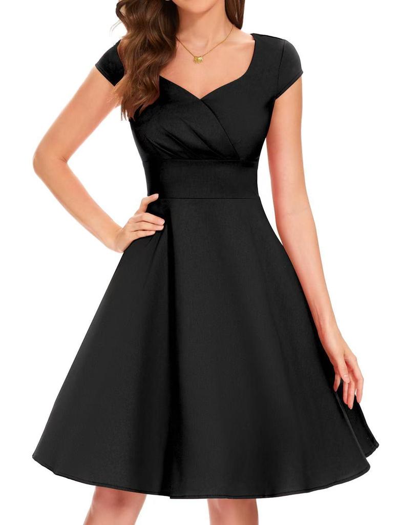 Elegant Retro Women's V-neck Waist-cinching Wide-hem Dress - Solid Color Fashionable Light Luxury