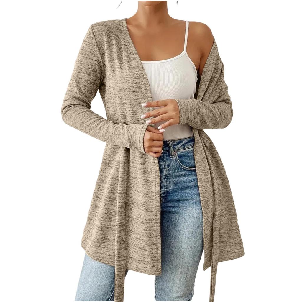 Women's Fashion Solid Color Long Sleeve Tie Casual Loose Cardigan Tops Jacket