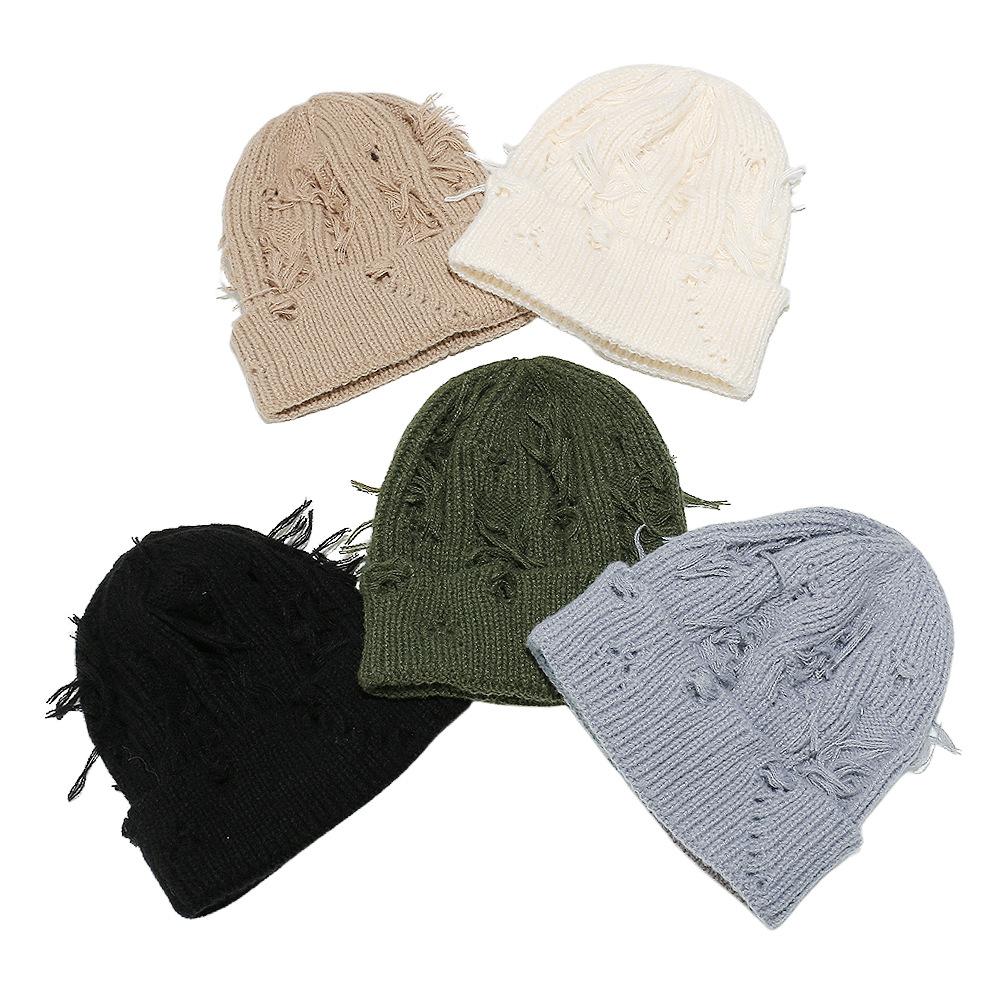 Winter niche old ripped wool hat female personality versatile knitted hat hip hop cold hat men and women