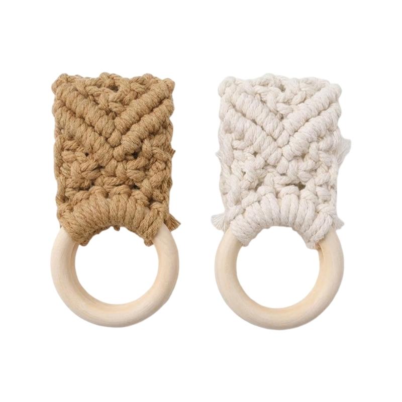 2 Pack Elegant Wooden Cotton Rope Towel Rings Hand Woven Bathroom Accessories For Home Decoration