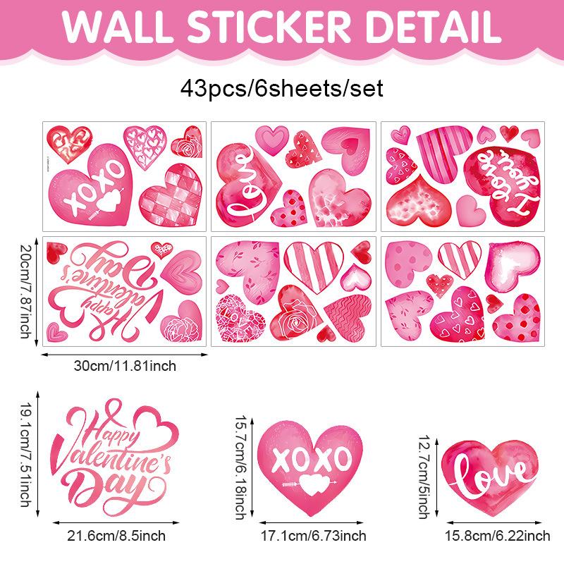 43pcs/6 Sheets Featuring Cheerful Valentine S Day Window Decorations, Perfect for Valentine S Day Or Wedding Decor