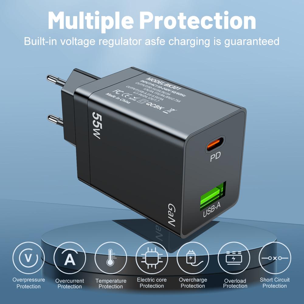 55W GaN USB Type C Charger PD QC 3.0 Quick Charger for Macbook Laptop IPAD Tablet IPhone 15 14 Samsung S23 Ultra Huawei Xiaomi