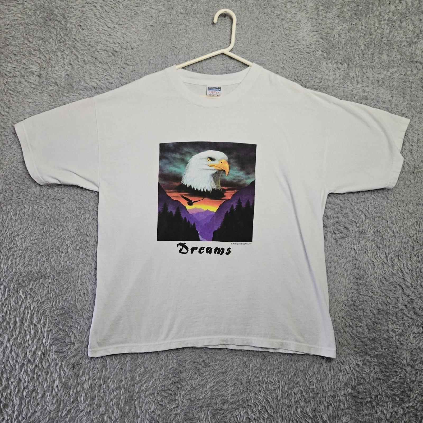 Vintage 100% Cotton T-shirt Mens Tees Top 90s XL Eagle Mountains Nature Animals Dreams Gildan Heavy Cotton L
