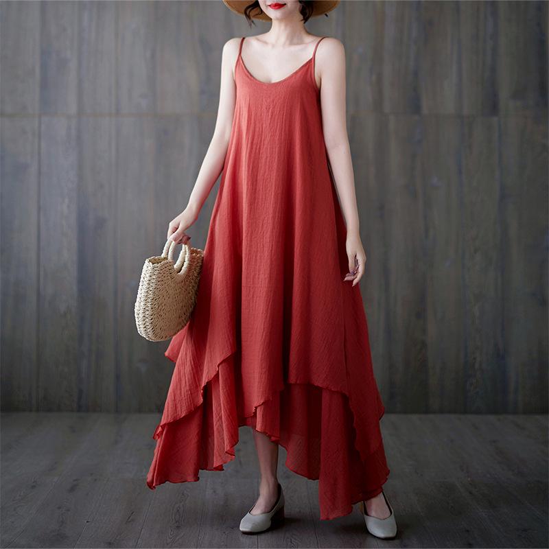 

Реальное фото Хлопково-льняное платье на бретелях-спагетти - Летний литературный стиль, Однотонное, Юбка неправильной формы, Большой клеш, Длинное платье M красный