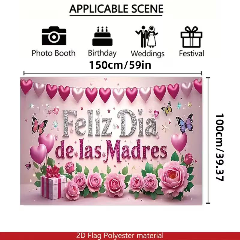 

2D Pink Hearts & Roses Feliz Dia de las Madres Background Cloth 47.2x31.5inch/120*80cm