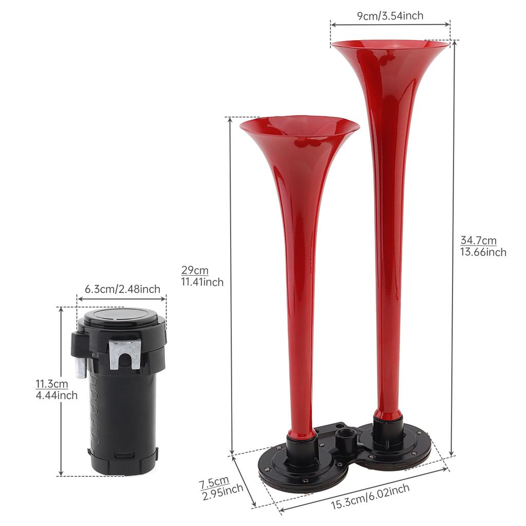 12V 150dB Super Loud Dual Trumpet Air Horn with Compressor - Red Musical Sound for Trucks, Lorry, Trains, Boats, Cars, Van & Ship