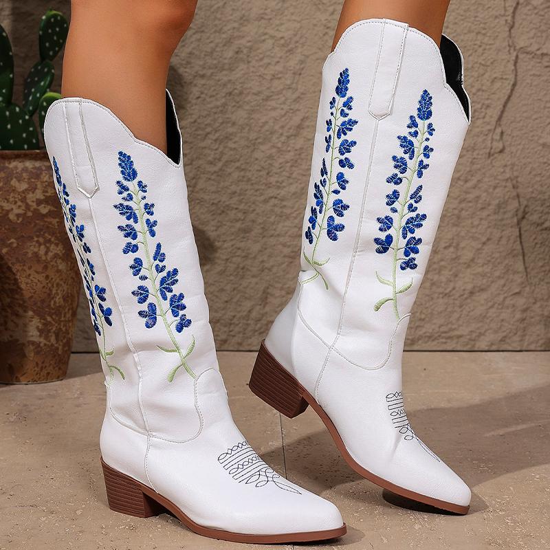 

Остроносые женские высокие сапоги с вышивкой на среднем каблуке, ретро-обувь, кожаные сапоги-челси до колена, зимний тренд, готические ботинки-ботинки Mujer 43