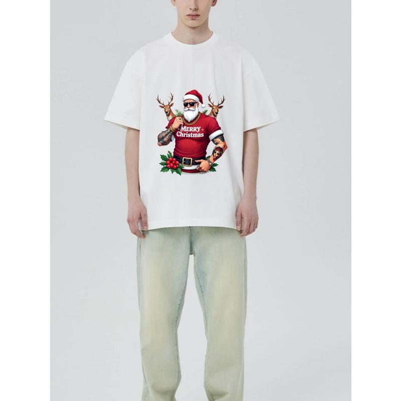 Christmas T-Shirt Black Santa Claus with Reindeer and Merry Christmas Text Holiday Party Wear