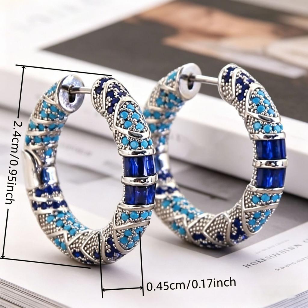2026 New Arrival Luxury Elegant Bohemian Blue Zircon Enamel Hoop Earrings for Women Fashion Simple Geometry Party Jewelry Gifts