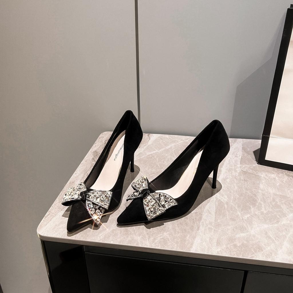 Nye Svarte Rhinestone Sløyfe Dame Pumps Luksus Bankettsko Sexy Høyhælsko Dame Stilettos Festsko Pluss Størrelse 43