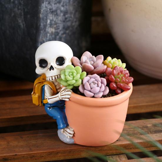 Cute Skeleton Planter Decorative Resin Flowerpot Small Skeleton Plant Pot for Succulents Halloween Desktop Decoration