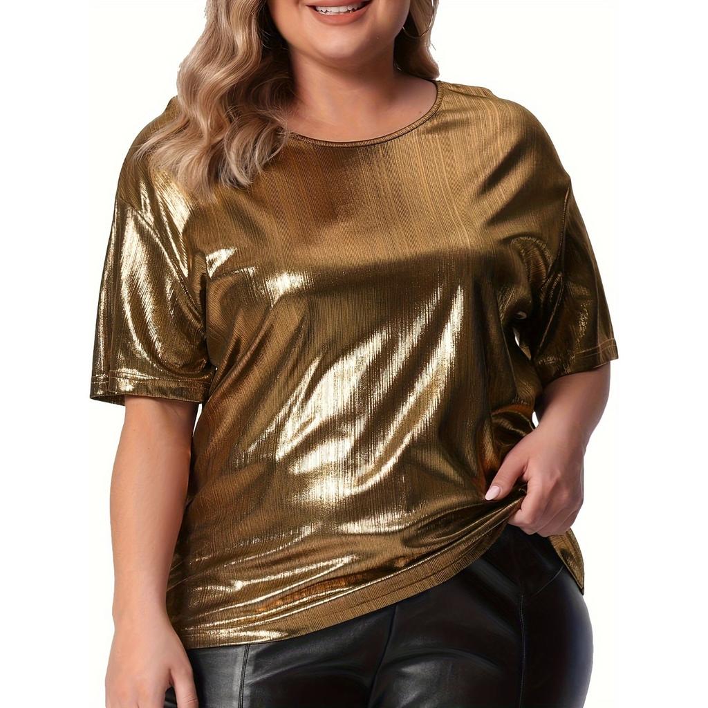 HNXC Summer Loose Fit Large-sized Round-neck Solid Color Gold Powder Short-sleeved T-shirt