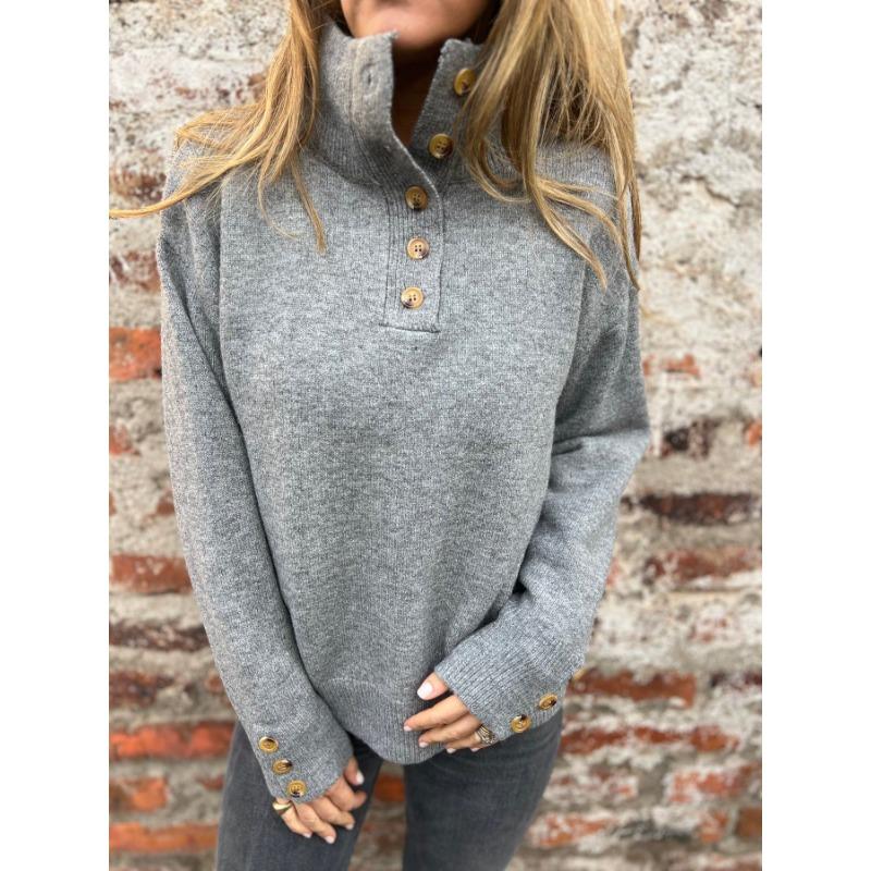 Autumn and Winter Stand Up Knitted Sweaters Solid Color Button Casual Loose Women's Sweaters