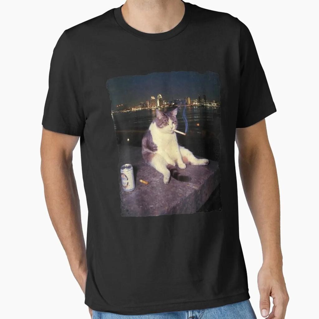 Smoking Cool Cat Essentieel T-shirt Vintage Licht Grafisch Mode Rekbaar Stijlvolle Top Voor Dagelijks Gebruik Comfortabel