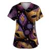Women's Fashion V-Neck Short-Sleeved Workwear With Pockets Carnival Print Top Caregiver Uniform