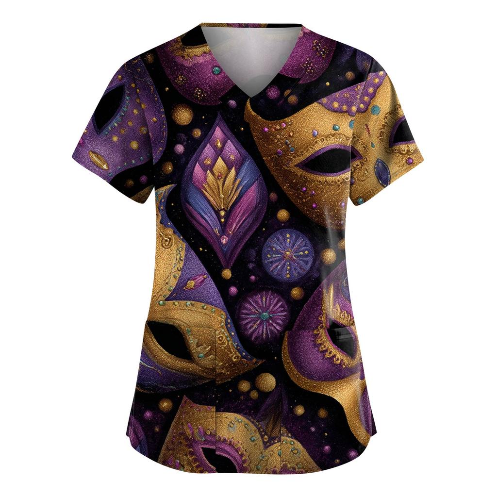 Women's Fashion V-Neck Short-Sleeved Workwear With Pockets Carnival Print Top Caregiver Uniform