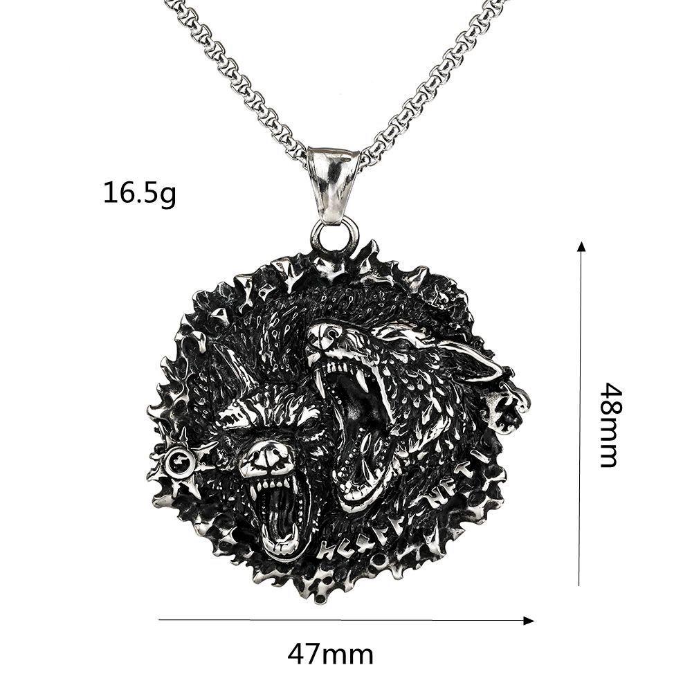 Vintage Viking Style Double Wolf Celtic Knot Stainless Steel Mens Necklace Pendant